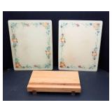 Set of 2 Corning Glass Counter Savers & Wood Cutting Board