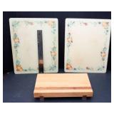 Set of 2 Corning Glass Counter Savers & Wood Cutting Board