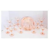 Set of 10 Pink Depression Glass Champagne Coupes with Matching Cake Plate