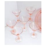 Set of 10 Pink Depression Glass Champagne Coupes with Matching Cake Plate
