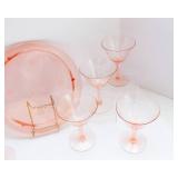 Set of 10 Pink Depression Glass Champagne Coupes with Matching Cake Plate