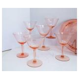 Set of 10 Pink Depression Glass Champagne Coupes with Matching Cake Plate