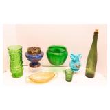 vintage colored glassware, opaque blue vase is chipped