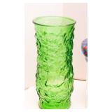 vintage colored glassware, opaque blue vase is chipped