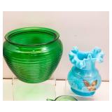 vintage colored glassware, opaque blue vase is chipped