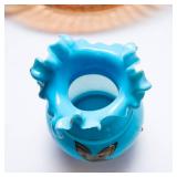 vintage colored glassware, opaque blue vase is chipped