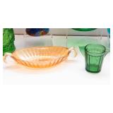 vintage colored glassware, opaque blue vase is chipped