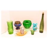 vintage colored glassware, opaque blue vase is chipped