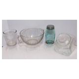 Assortment of Vintage Kitchenware – Measuring Bowl, Mixing Bowl, Candy Jar, Ball Jar