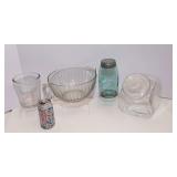 Assortment of Vintage Kitchenware – Measuring Bowl, Mixing Bowl, Candy Jar, Ball Jar