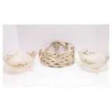 Two Handpainted Footed Frosted Glass Bowls with Metal Wire Basket