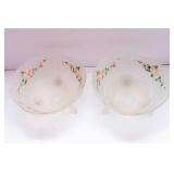 Two Handpainted Footed Frosted Glass Bowls with Metal Wire Basket