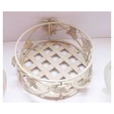 Two Handpainted Footed Frosted Glass Bowls with Metal Wire Basket