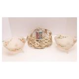 Two Handpainted Footed Frosted Glass Bowls with Metal Wire Basket