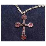 Unique Antique-Style Cross Necklace – Red Stone Accents