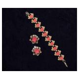 Vintage Gold-Tone Bracelet with Coral-Colored Flowers & Matching Clip-On Earrings
