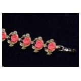 Vintage Gold-Tone Bracelet with Coral-Colored Flowers & Matching Clip-On Earrings