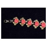 Vintage Gold-Tone Bracelet with Coral-Colored Flowers & Matching Clip-On Earrings