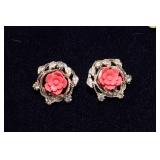 Vintage Gold-Tone Bracelet with Coral-Colored Flowers & Matching Clip-On Earrings