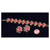 Vintage Gold-Tone Bracelet with Coral-Colored Flowers & Matching Clip-On Earrings