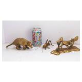 Set of Three Brass Figurines: Armadillo, Roadrunner, and Cricket