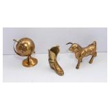 Lot of Three Brass Items: Steer, Boot, and Globe