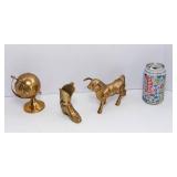 Lot of Three Brass Items: Steer, Boot, and Globe