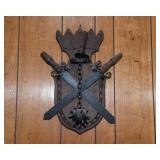 Vintage Mid-Century Medieval Gothic Wall Hanging – Spiked Ball & Chain with Sword Plaque