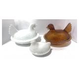 Two 6" Indiana Glass Hen on Nest Amber and Milk Glass One 3 1/2" HON Milk Glass