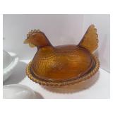 Two 6" Indiana Glass Hen on Nest Amber and Milk Glass One 3 1/2" HON Milk Glass