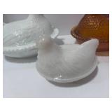 Two 6" Indiana Glass Hen on Nest Amber and Milk Glass One 3 1/2" HON Milk Glass