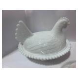 Two 6" Indiana Glass Hen on Nest Amber and Milk Glass One 3 1/2" HON Milk Glass