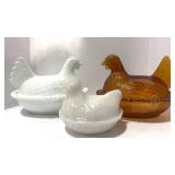 Two 6" Indiana Glass Hen on Nest Amber and Milk Glass One 3 1/2" HON Milk Glass