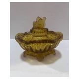 Vintage Portieux Vallerysthal France Amber Glass Covered Squirrel Candy Dish