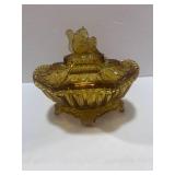 Vintage Portieux Vallerysthal France Amber Glass Covered Squirrel Candy Dish