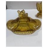 Vintage Portieux Vallerysthal France Amber Glass Covered Squirrel Candy Dish