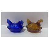 Two 3 1/2" Hen on Nest Amber and Blue