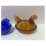 Two 3 1/2" Hen on Nest Amber and Blue