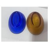 Two 3 1/2" Hen on Nest Amber and Blue