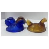 Two 3 1/2" Hen on Nest Amber and Blue