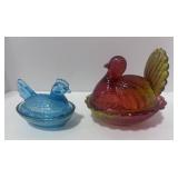 4" L.E. Smith Amberina Glass Turkey and 3" Blue Hen on Nest