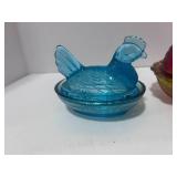 4" L.E. Smith Amberina Glass Turkey and 3" Blue Hen on Nest