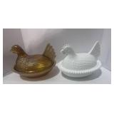 Two 7" Hen on Nest Iridescent Amber and Milk Glass