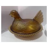 Two 7" Hen on Nest Iridescent Amber and Milk Glass