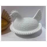 Two 7" Hen on Nest Iridescent Amber and Milk Glass