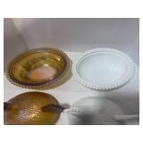 Two 7" Hen on Nest Iridescent Amber and Milk Glass