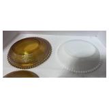 Two 7" Hen on Nest Iridescent Amber and Milk Glass
