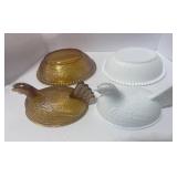 Two 7" Hen on Nest Iridescent Amber and Milk Glass
