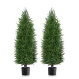 2 Artificial 48" Cedar Topiary Trees in Pots $130 Retail - New *B