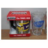 Sports Beer Glasses and Travel Mug with Coasters